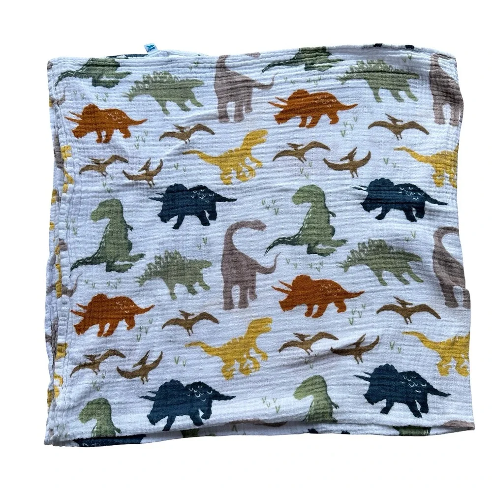 Little Unicorn Dino Friends Blue Cotton Crinkle Muslin Swaddle Blanket Sz 20x45